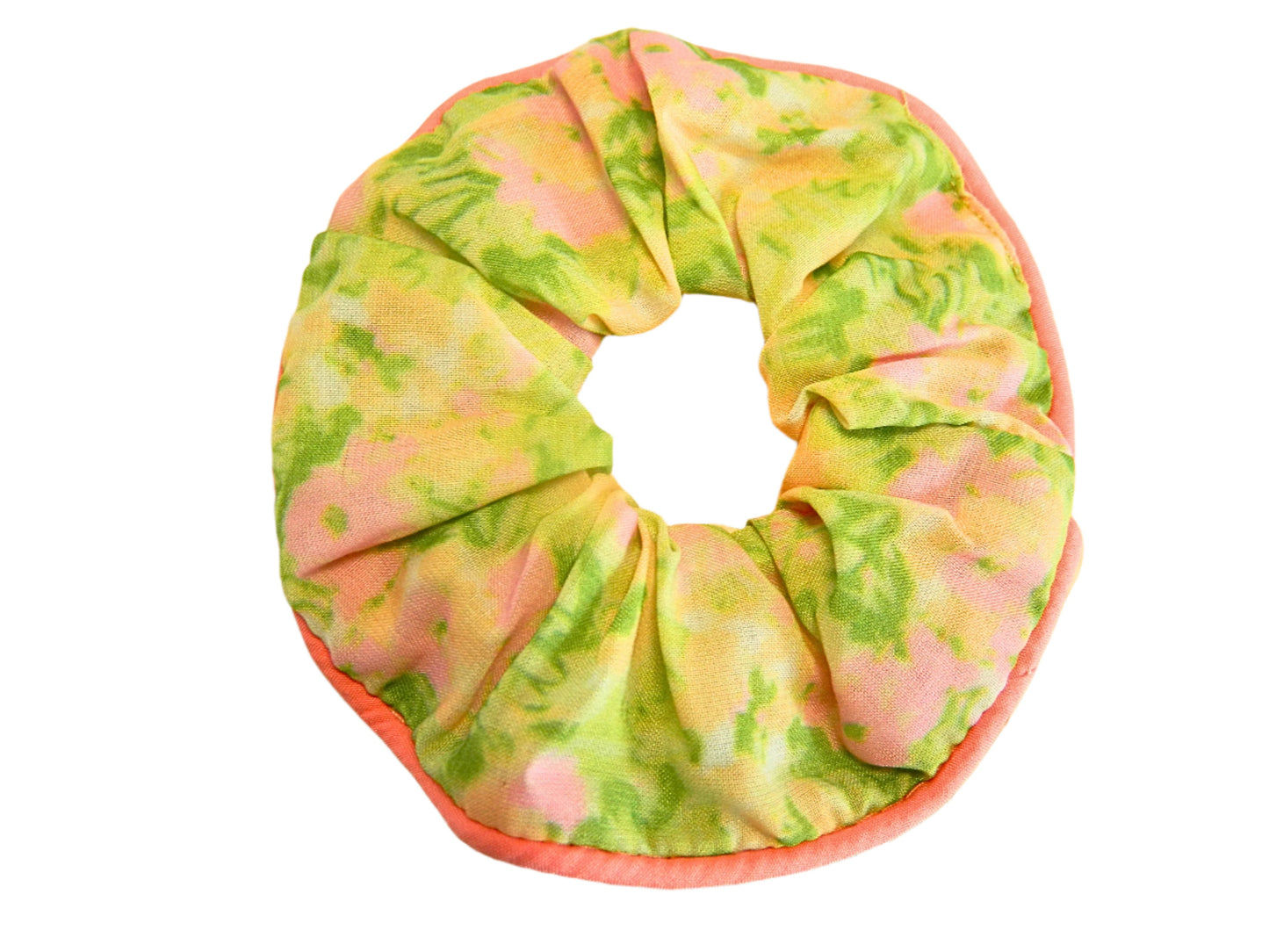 light pink and light green floral scrunchie with light pink border.