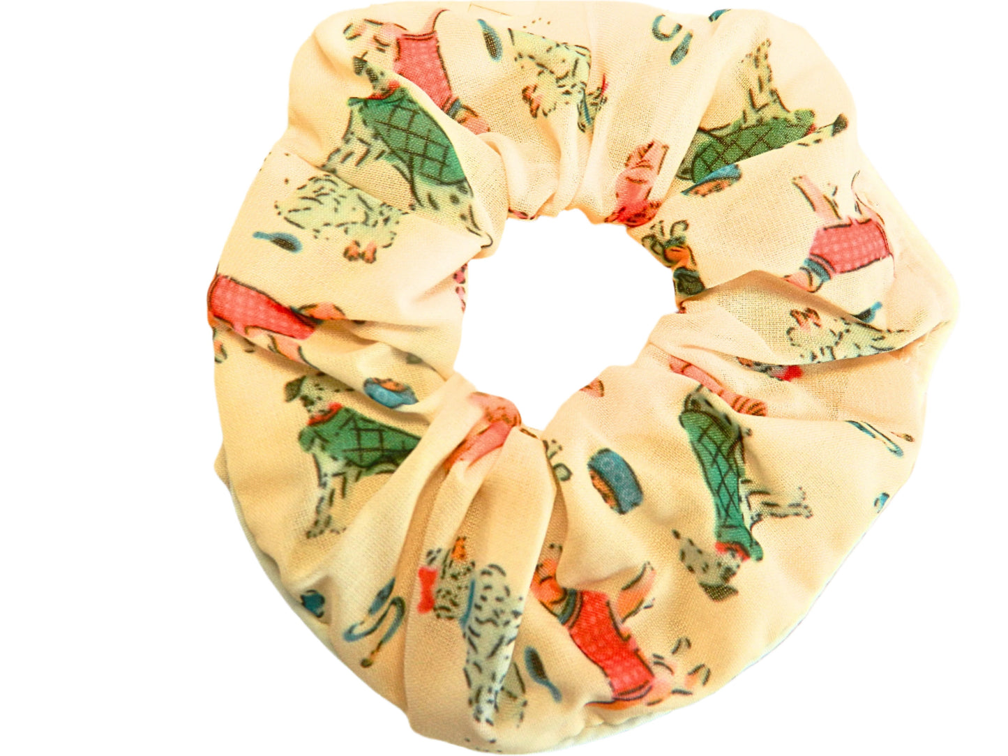 fun scrunchie for dog lovers, with colorful dogs 