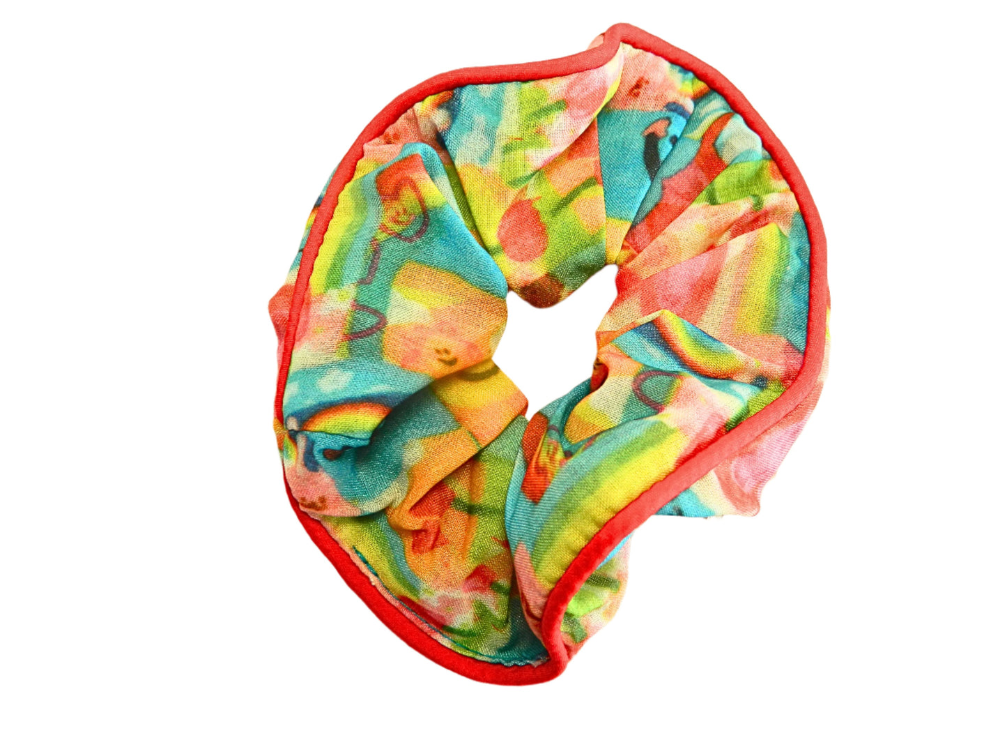 bright blue, green and red hues in this colorful scrunchie