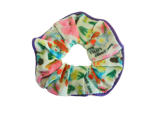 cream multicolor scrunchie with purple background